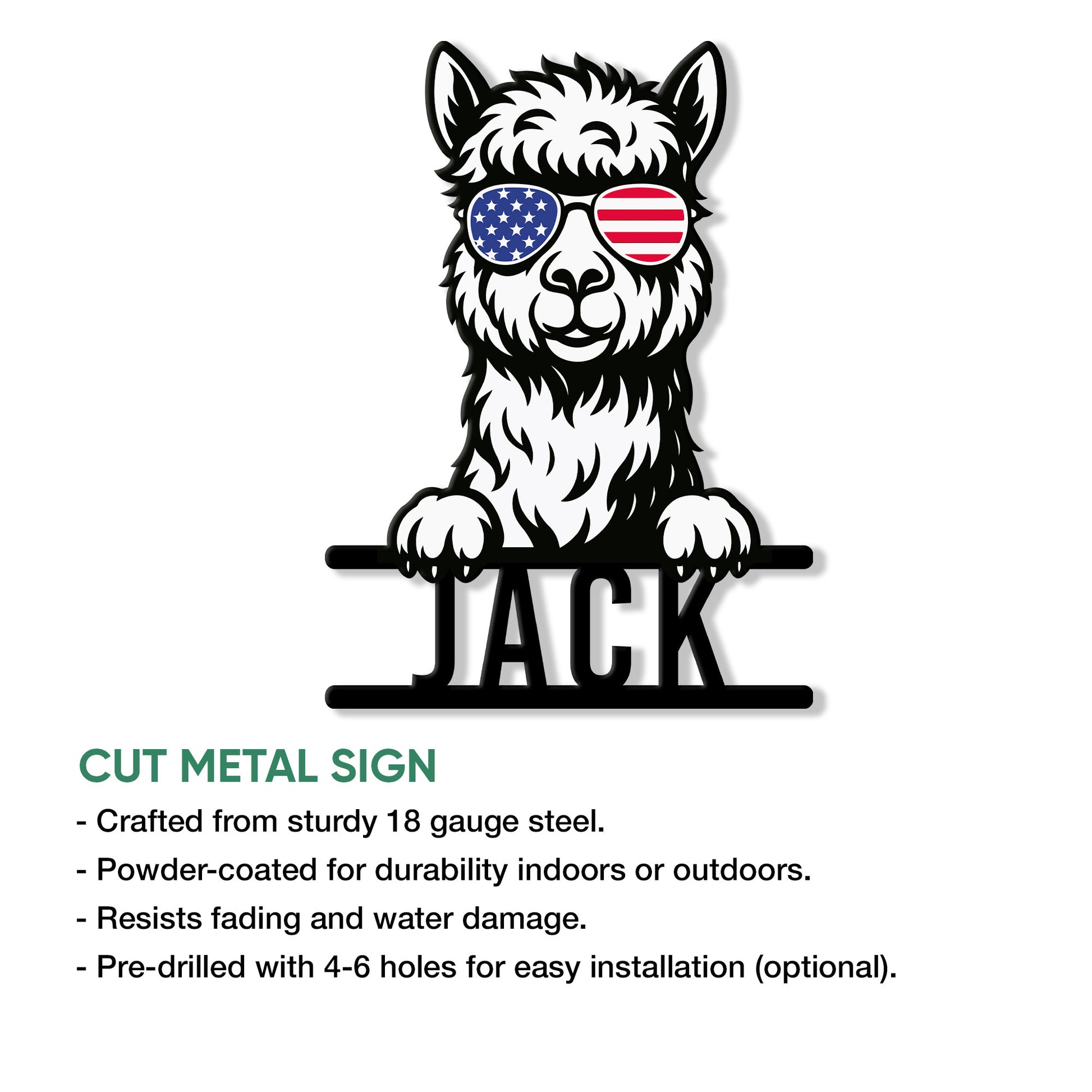 Alpaca metal sign feature graphic showing a fluffy alpaca with American flag sunglasses