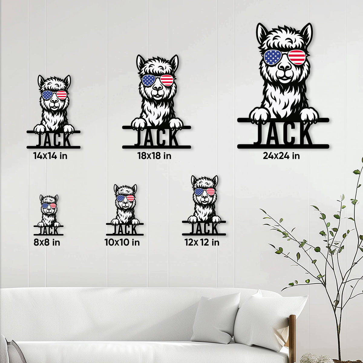 Alpaca metal sign size guide showing six available square dimensions from 8 by 8 to 24 by 24 inches