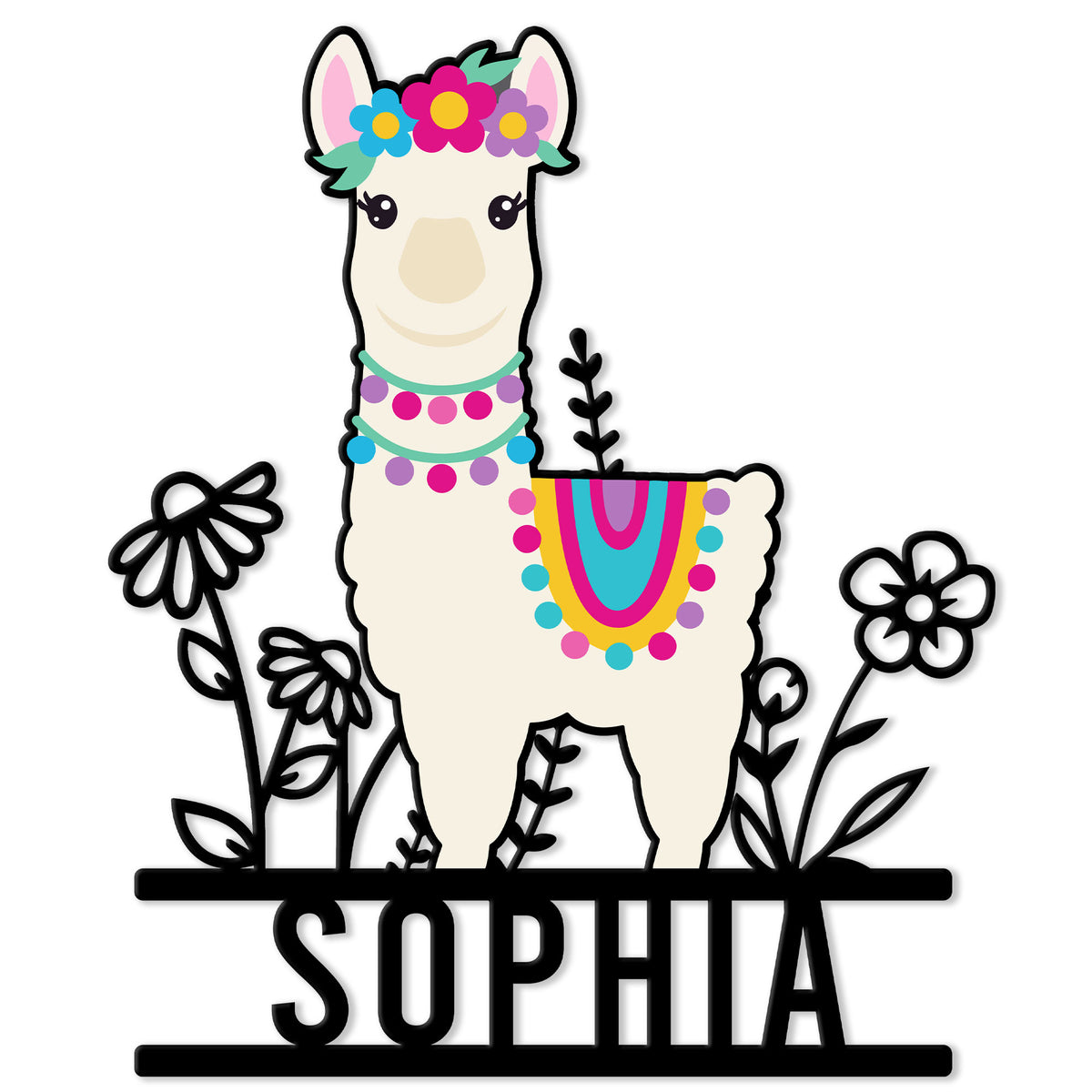 Colorful alpaca metal sign with a flower crown, patterned blanket, and floral accents