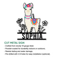 Cute flower-crowned alpaca cut metal sign shown with product feature information