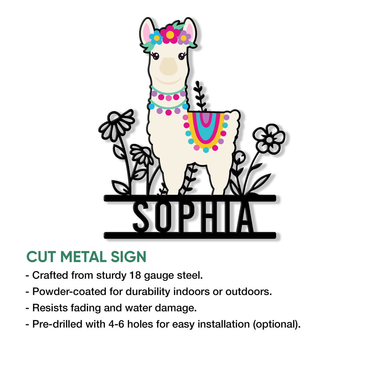 Cute flower-crowned alpaca cut metal sign shown with product feature information
