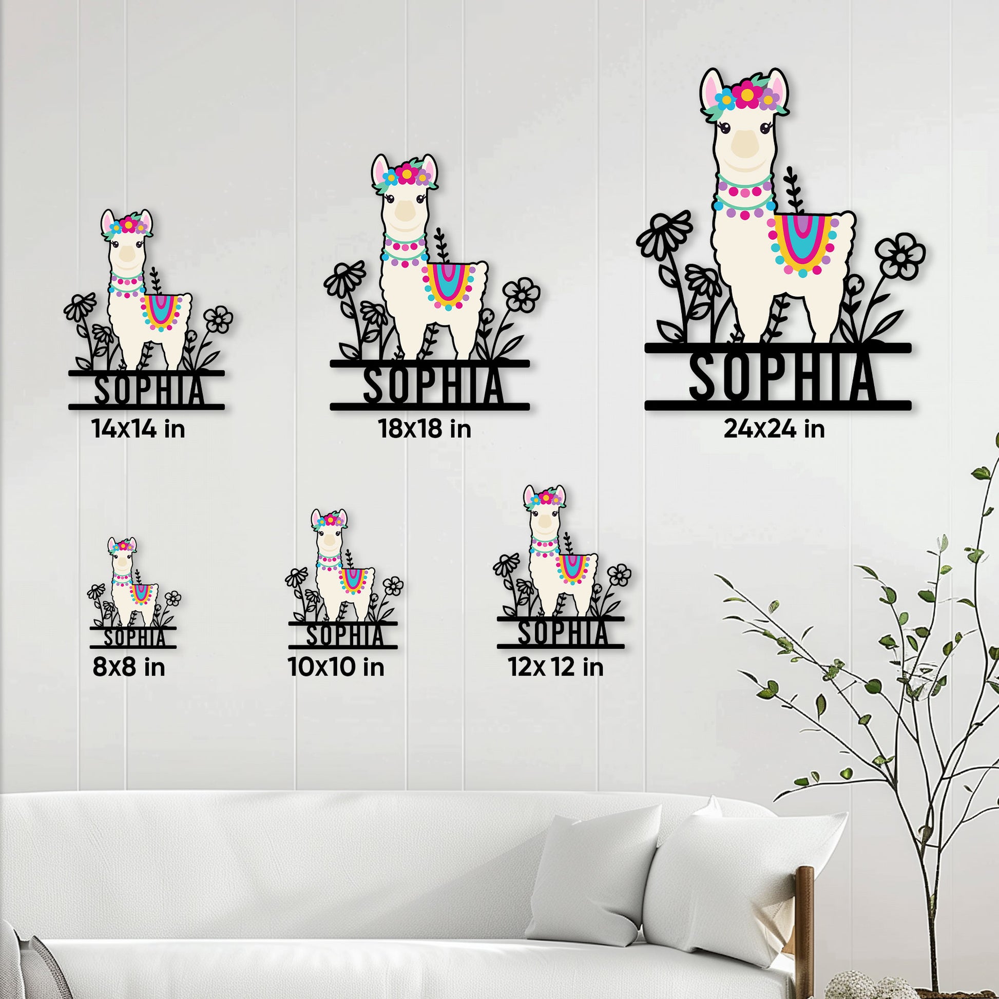 Alpaca metal sign size guide showing six available square size options