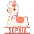 Cute alpaca metal sign with a floral headpiece, colorful tassel scarf, and decorative wall accent design