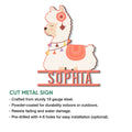 Alpaca metal sign shown with a product feature infographic and decorative cutout silhouette