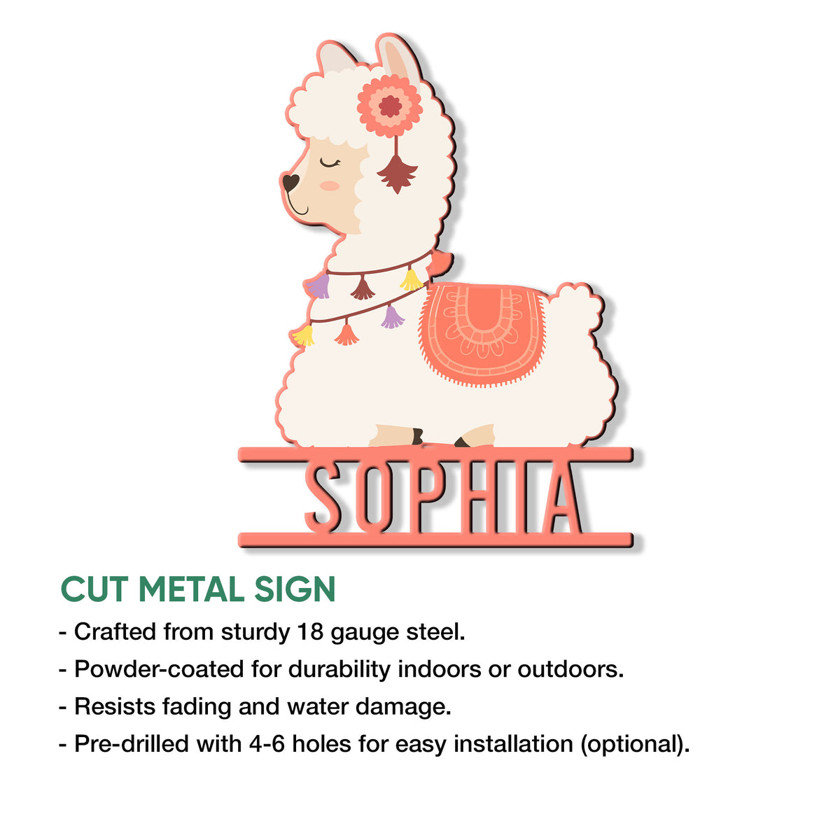 Alpaca metal sign shown with a product feature infographic and decorative cutout silhouette