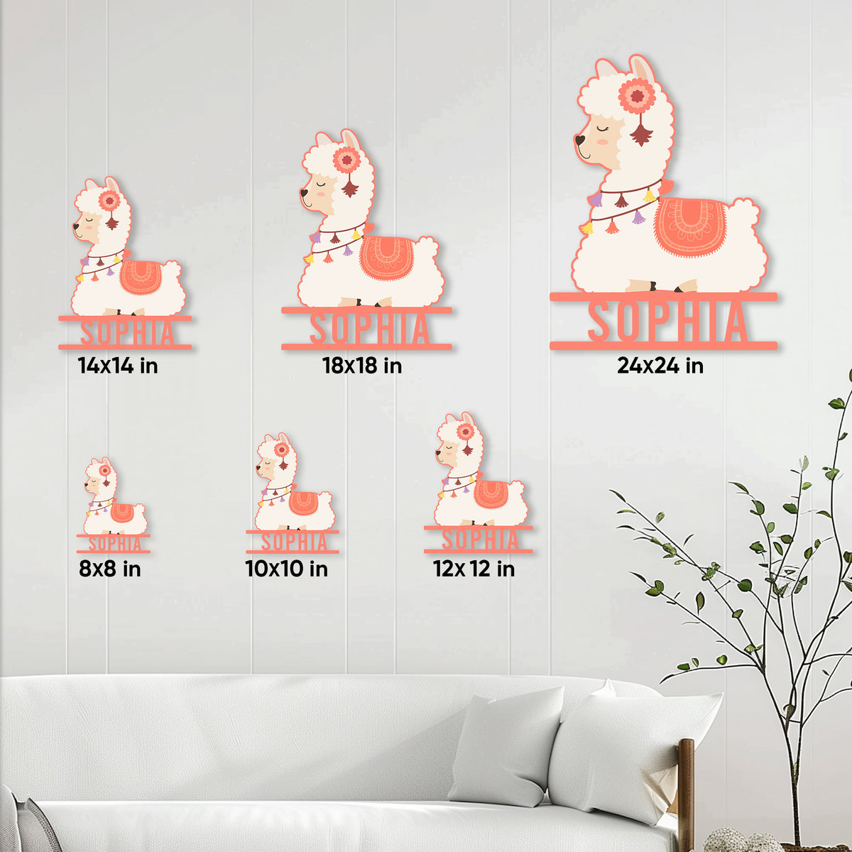 Alpaca metal sign size guide showing available dimensions from 8x8 inches to 24x24 inches