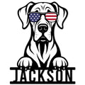 Great Dane metal sign featuring a bold black-and-white dog portrait wearing American flag sunglasses