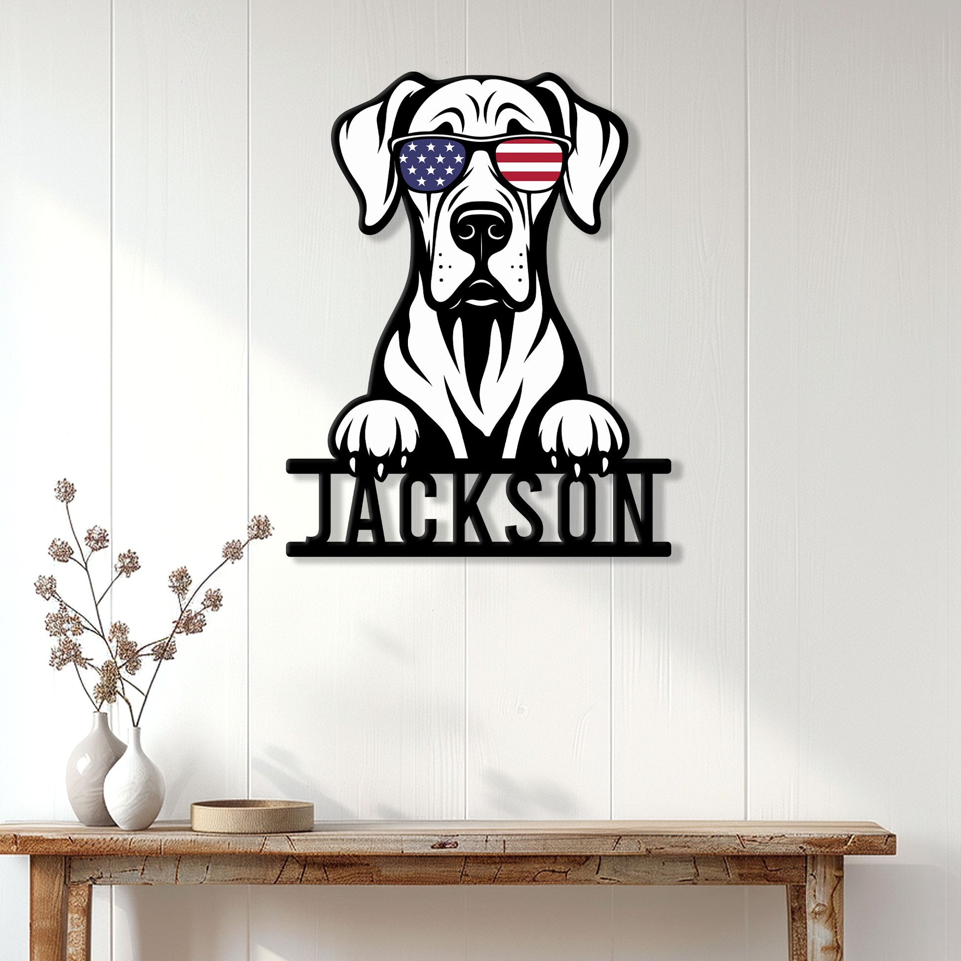 Patriotic Great Dane metal wall sign displayed above a console table in a bright home entryway