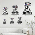 Great Dane metal sign shown in multiple size options on a white paneled living room wall