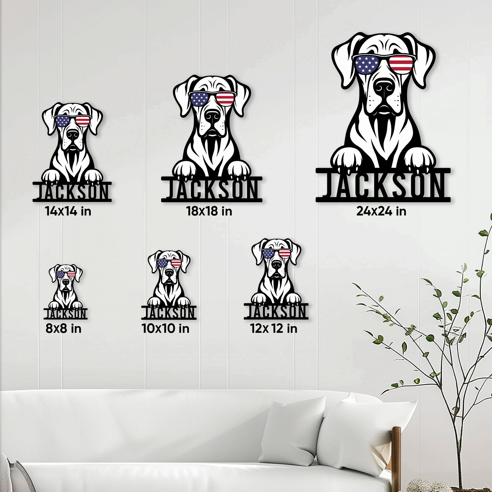 Great Dane metal sign shown in multiple size options on a white paneled living room wall