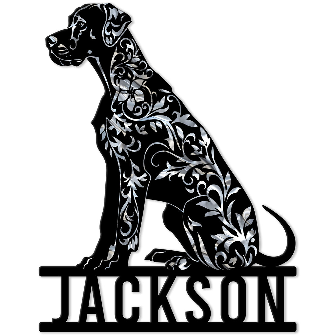 Ornate seated Great Dane metal sign with floral detailing and a bold silhouette design