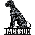 Ornate seated Great Dane metal sign with floral detailing and a bold silhouette design