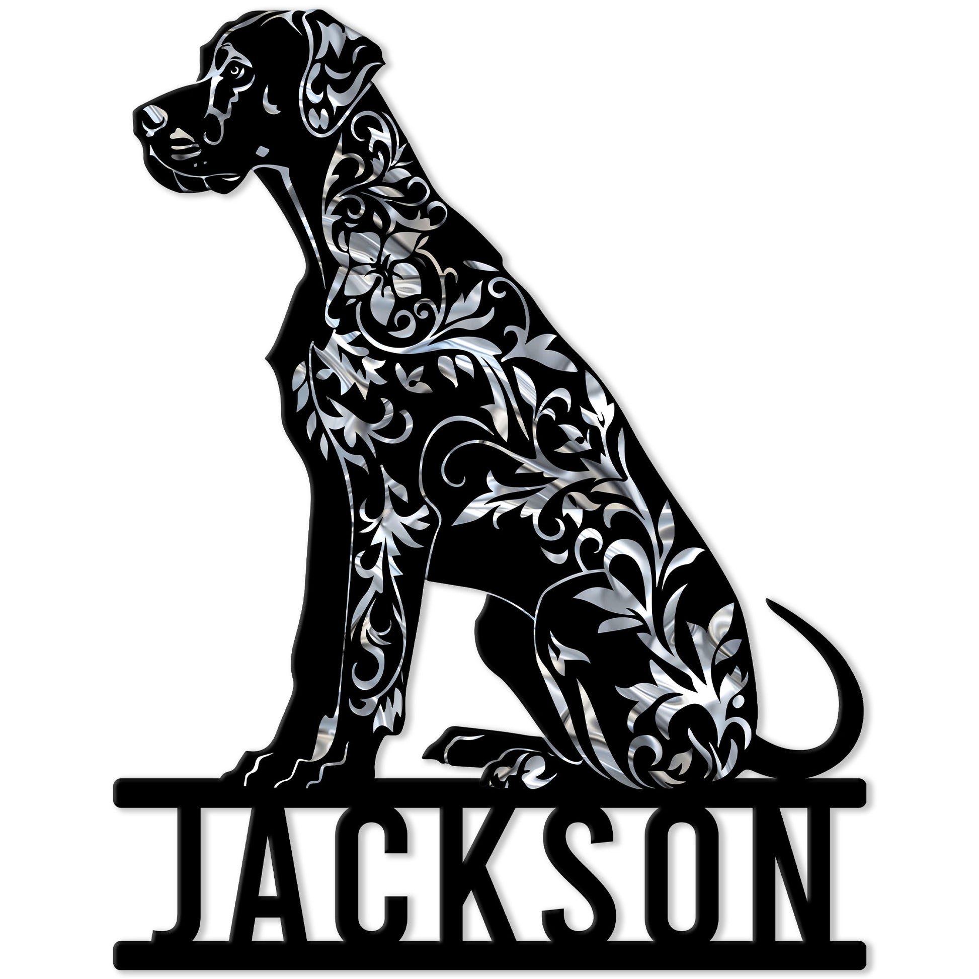 Ornate seated Great Dane metal sign with floral detailing and a bold silhouette design