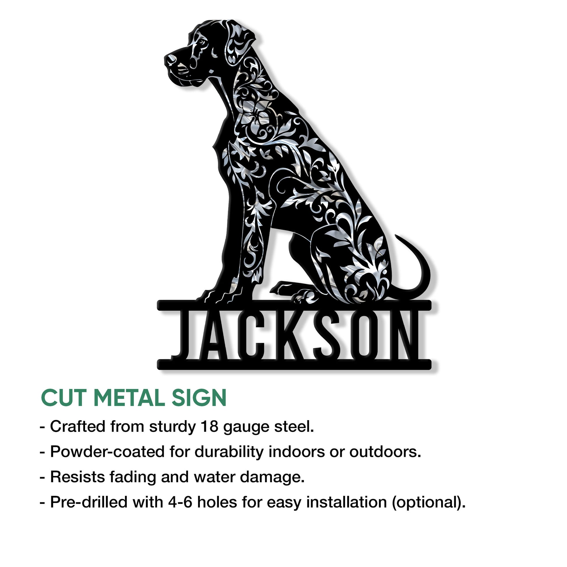Great Dane cut metal sign feature graphic showcasing an ornate seated dog design