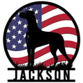 Patriotic Great Dane metal sign featuring a black dog silhouette against an American flag backdrop
