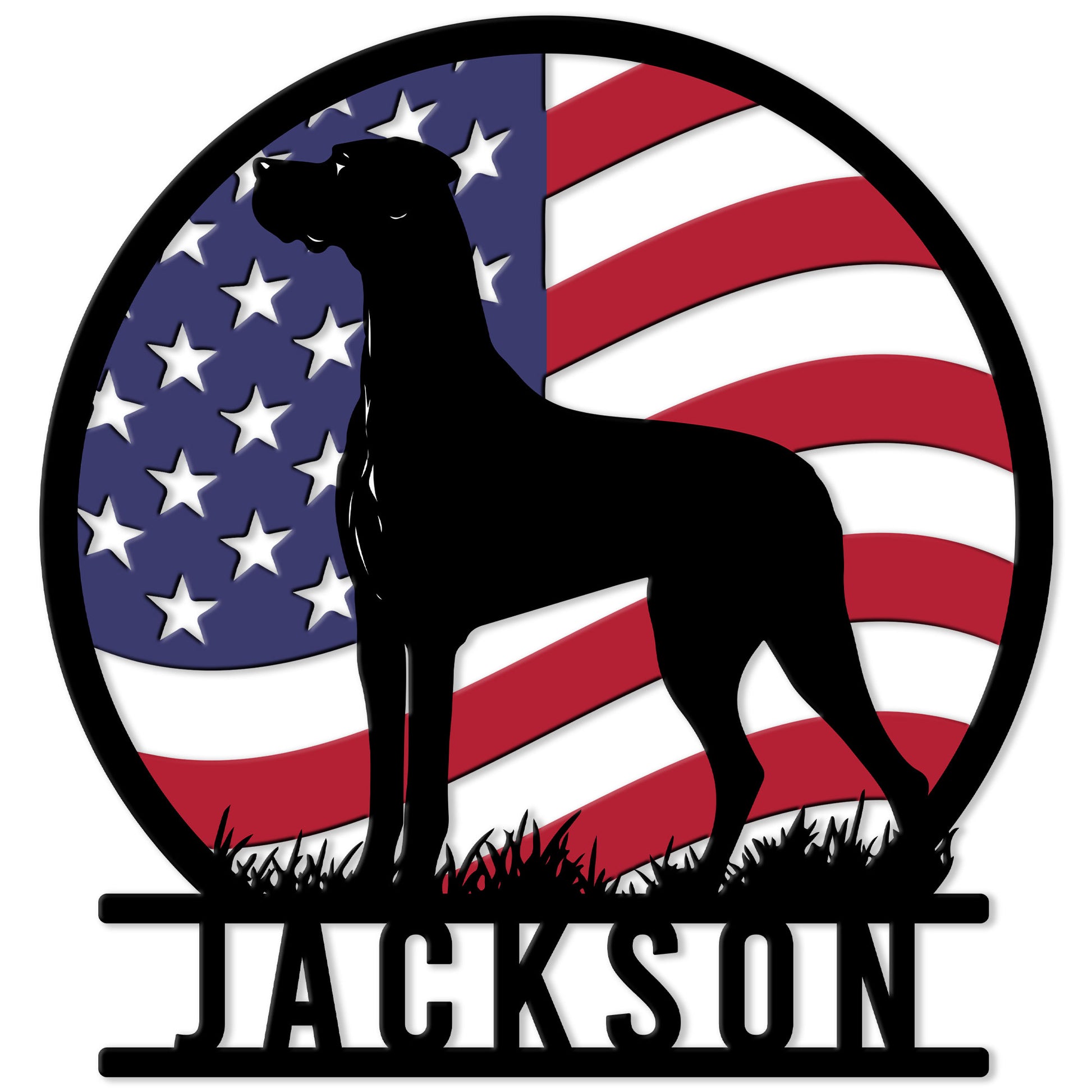 Patriotic Great Dane metal sign featuring a black dog silhouette against an American flag backdrop