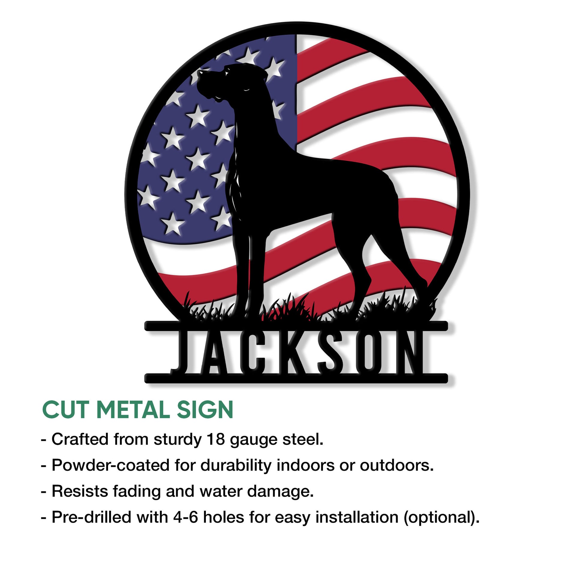 Great Dane cut metal sign infographic showing the patriotic dog silhouette design and available size options