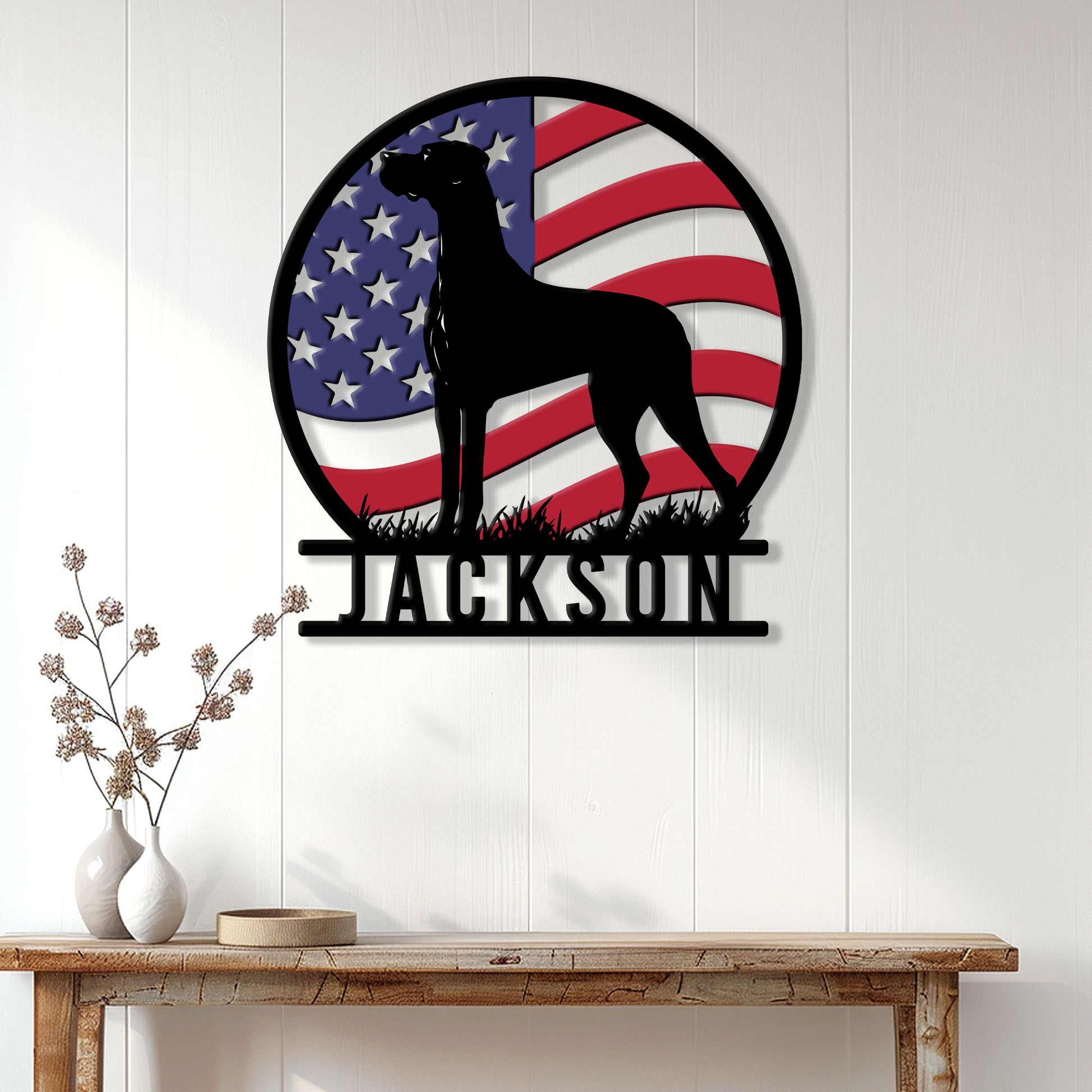 Patriotic Great Dane wall sign displayed on a white paneled wall above a rustic console table
