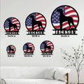 Great Dane metal sign size guide showing six square size options in a living room setting