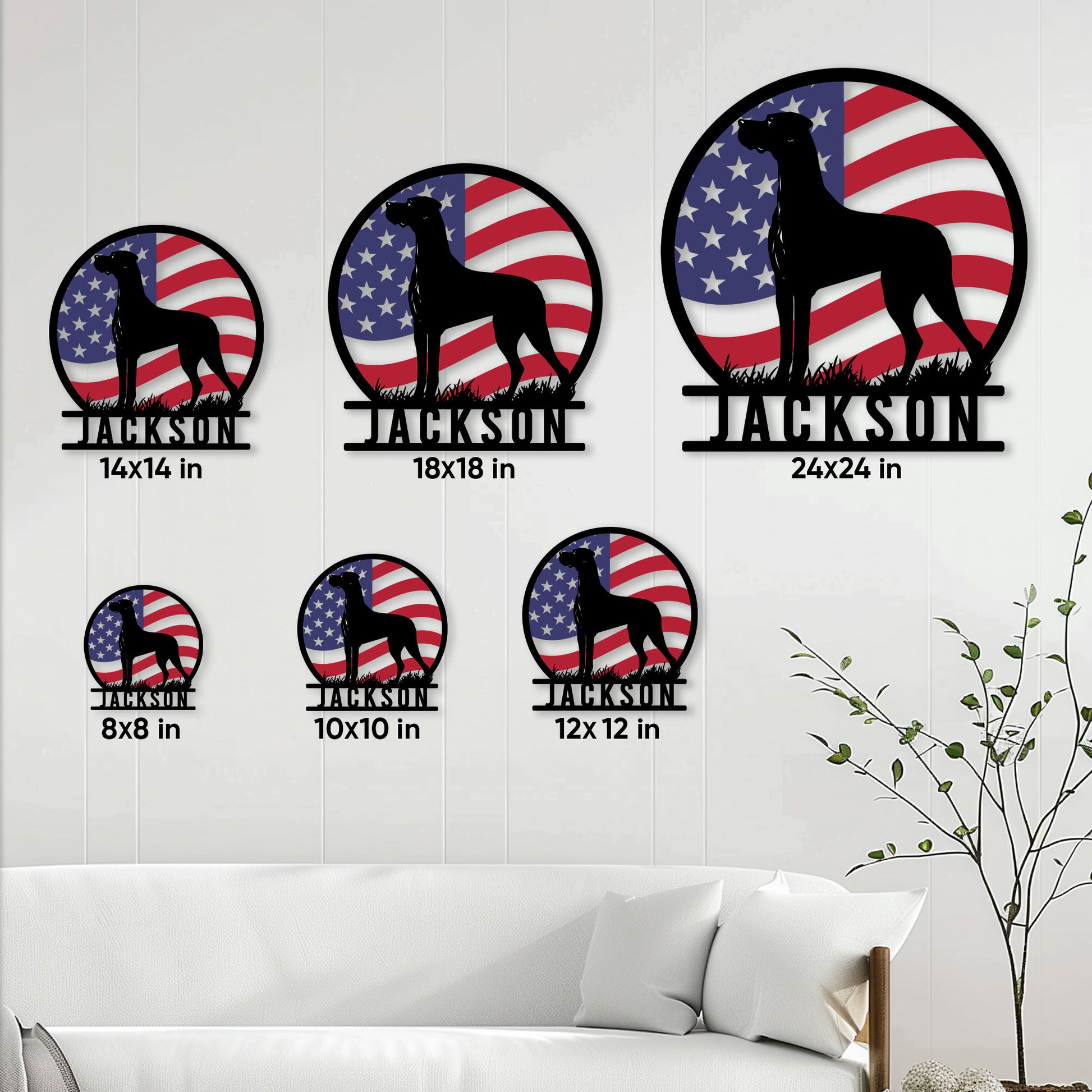 Great Dane metal sign size guide showing six square size options in a living room setting
