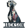 Custom Great Dane metal sign featuring a bold, stylized seated dog portrait in blue, black, cream, and red