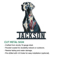 Great Dane metal sign product infographic showing the cut dog portrait design and indoor or outdoor display use
