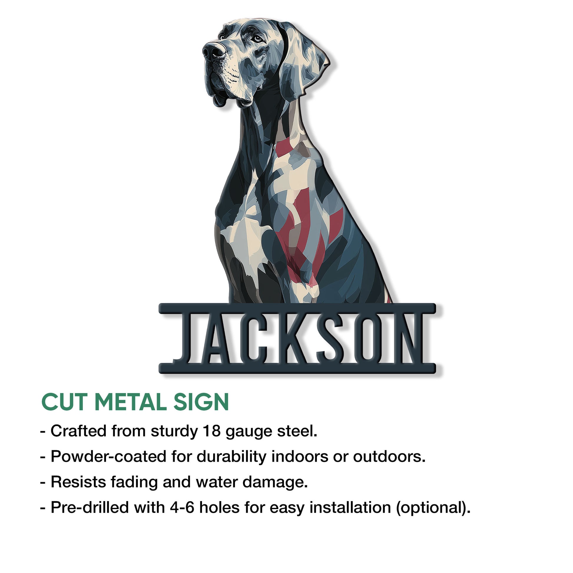 Great Dane metal sign product infographic showing the cut dog portrait design and indoor or outdoor display use
