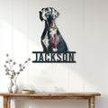 Great Dane wall sign displayed above a console table in a bright, modern home interior