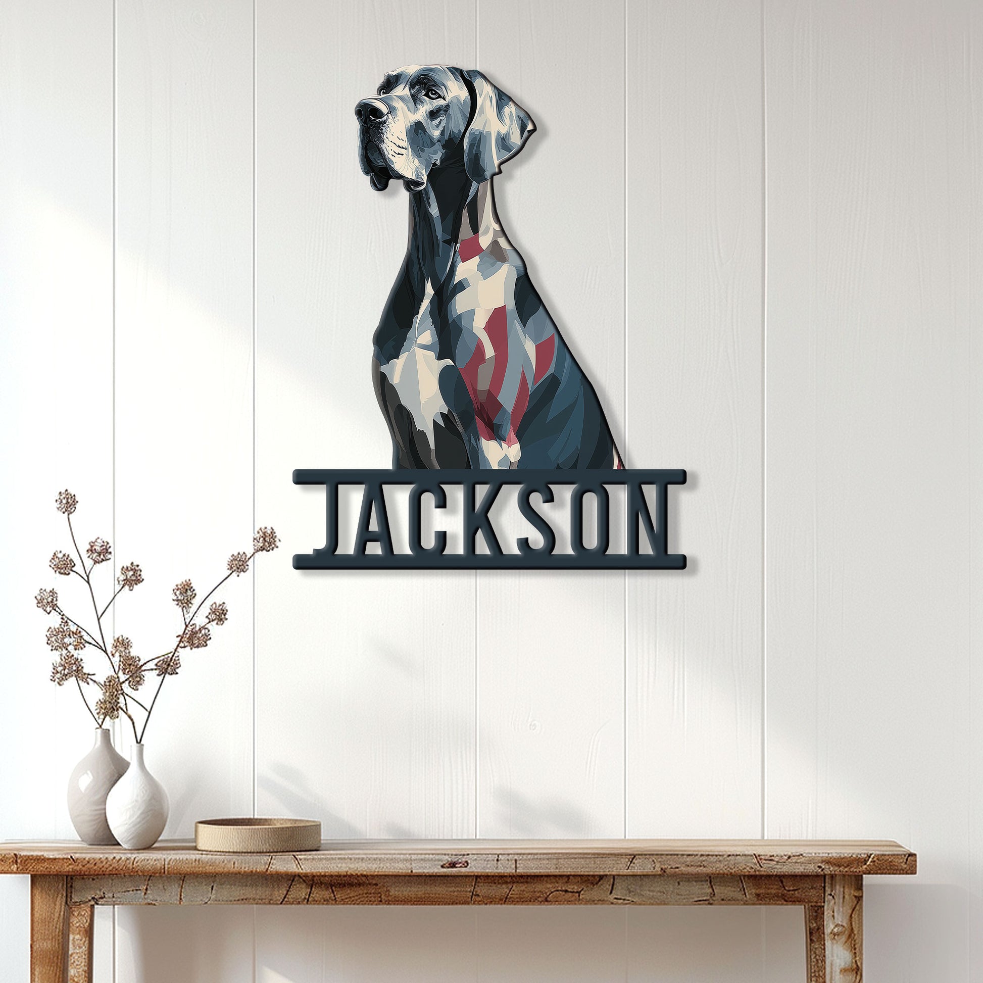 Great Dane wall sign displayed above a console table in a bright, modern home interior