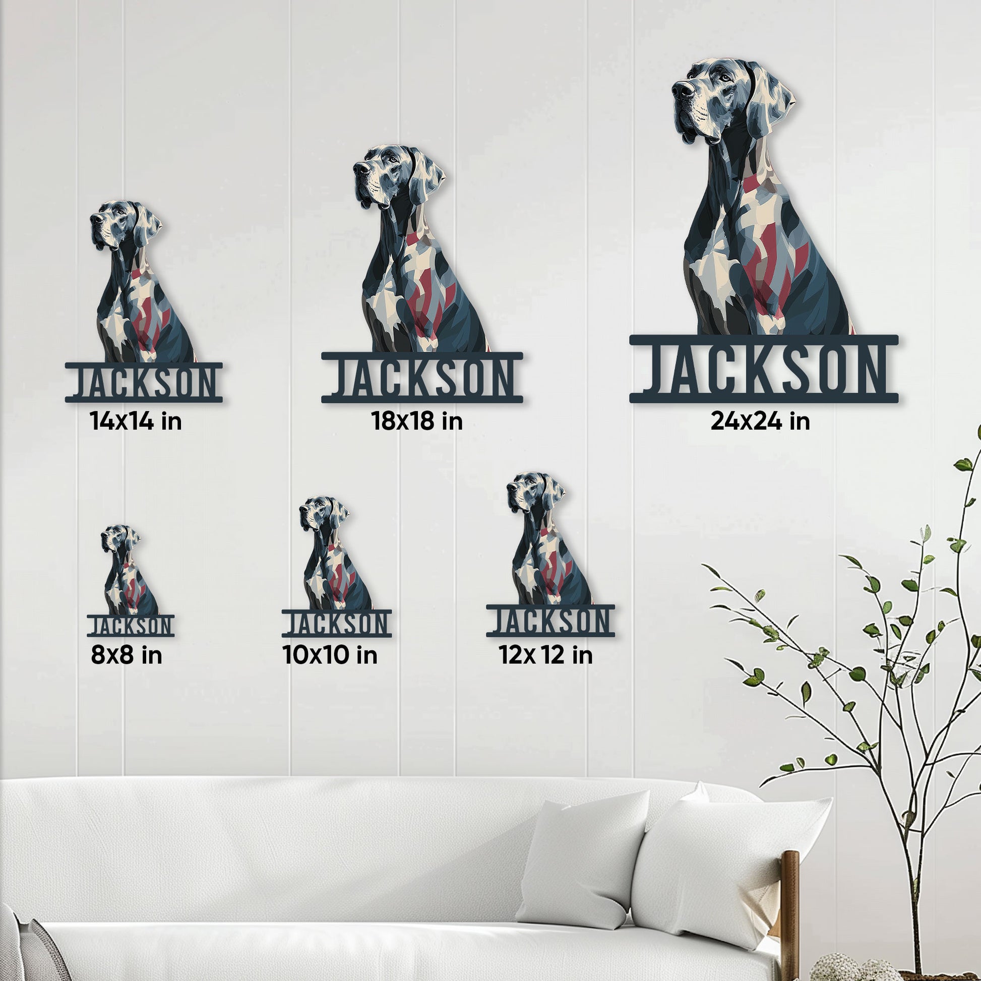 Great Dane metal sign size guide showing available square sizes from 8x8 to 24x24 inches
