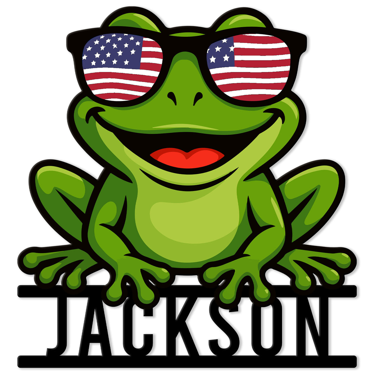 Colorful frog metal sign featuring a smiling frog in American flag sunglasses