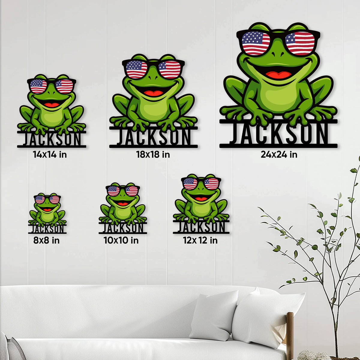 Frog metal sign size guide showing six available square size options