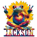 Colorful frog metal sign featuring a cheerful frog making peace signs in front of a sunflower