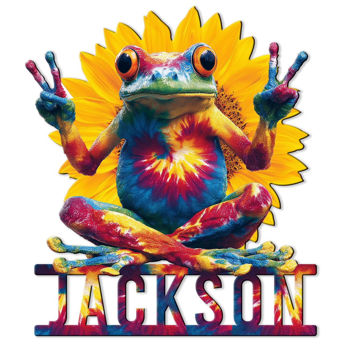 Colorful frog metal sign featuring a cheerful frog making peace signs in front of a sunflower