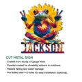 Frog cut metal sign with vibrant artwork, indoor and outdoor use details, and optional mounting holes