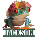 Colorful frog metal sign with a flower crown, wide eyes, and bold decorative nameplate design