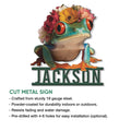 Floral frog cut metal sign shown with product feature details and a custom display design