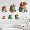 Frog metal sign size guide showing six available square dimensions in a living room setting