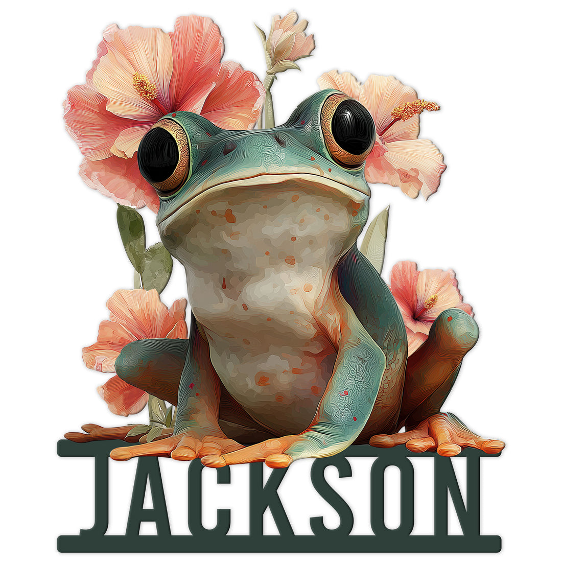 Colorful frog metal sign featuring a wide-eyed frog surrounded by coral flowers and leafy botanical details