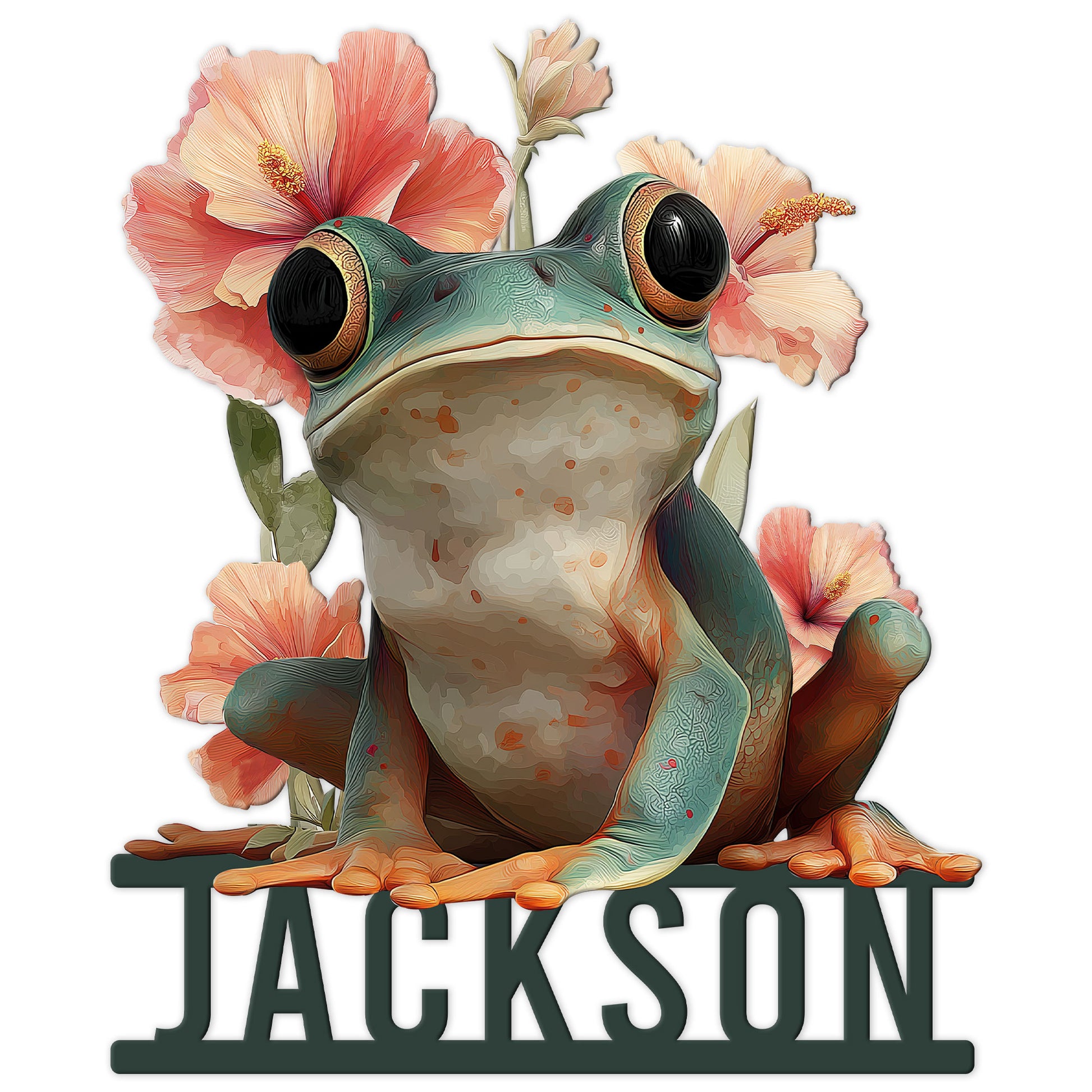 Colorful frog metal sign featuring a wide-eyed frog surrounded by coral flowers and leafy botanical details