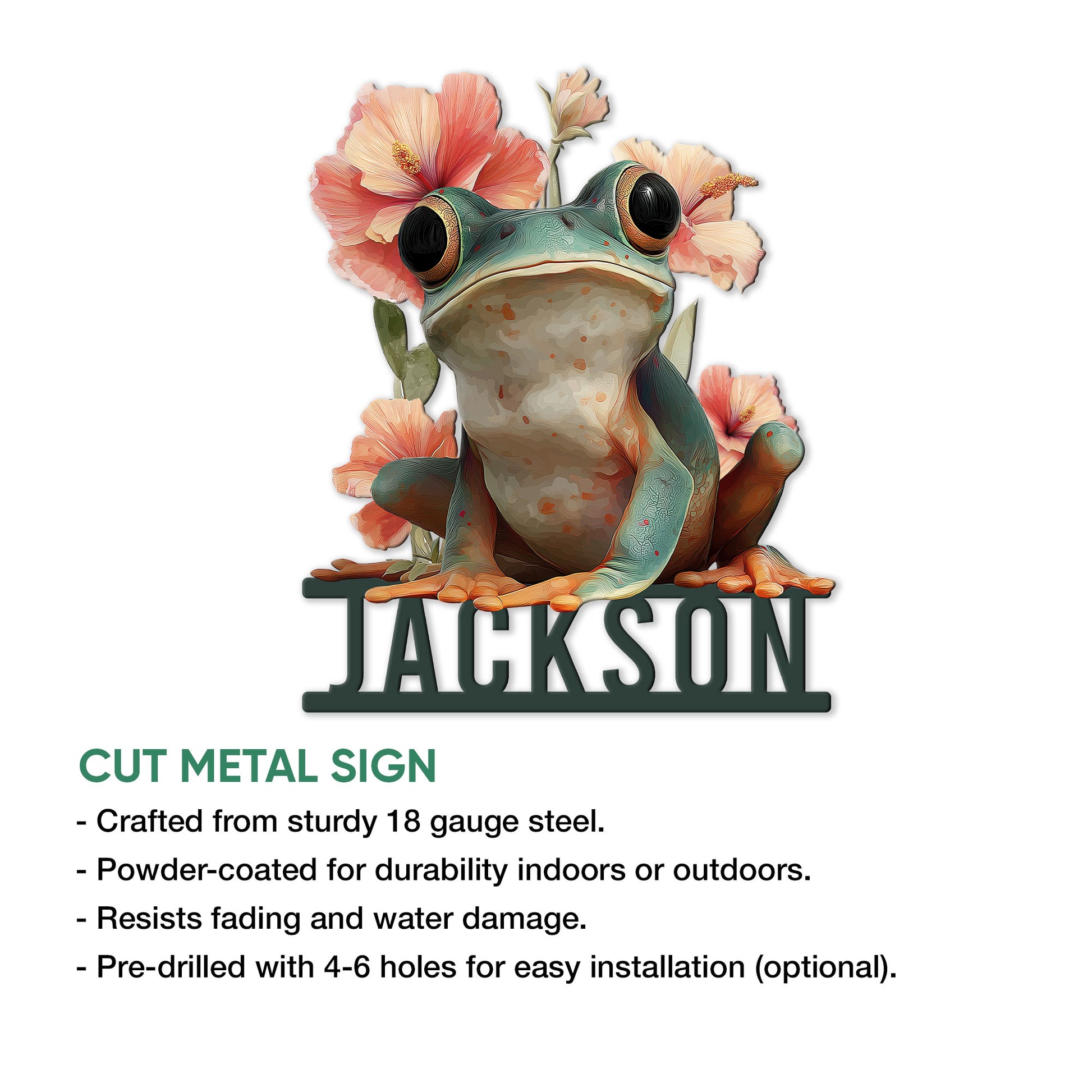 Frog metal sign feature graphic showing the floral frog design with product presentation and installation information