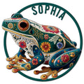 Ornate floral frog metal sign featuring a colorful patterned frog inside a circular frame