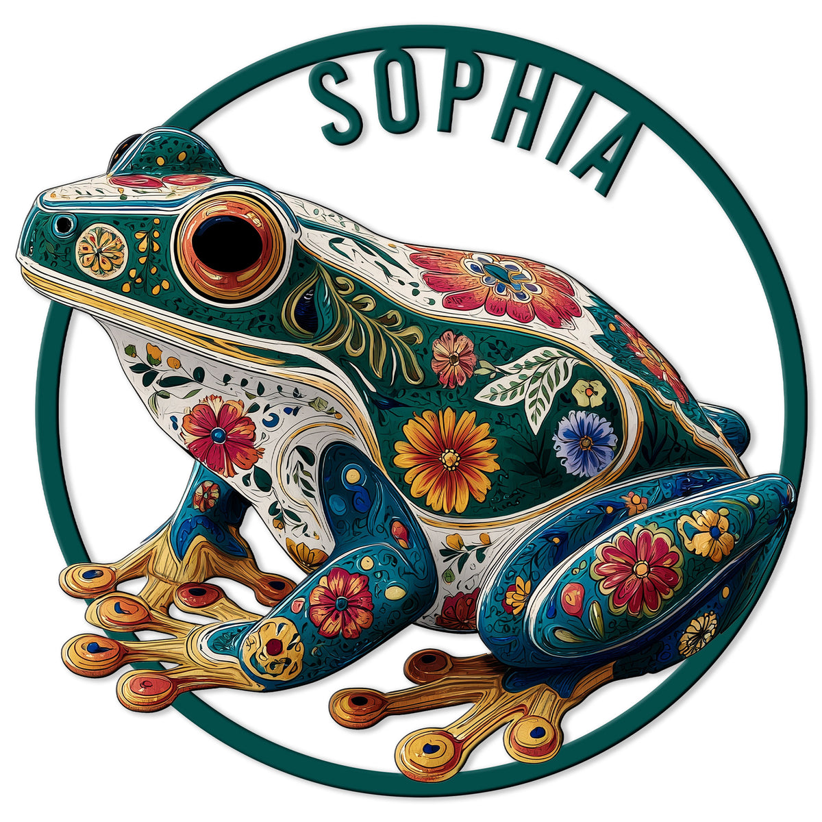 Ornate floral frog metal sign featuring a colorful patterned frog inside a circular frame