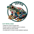 Colorful floral frog cut metal sign shown in a product feature graphic