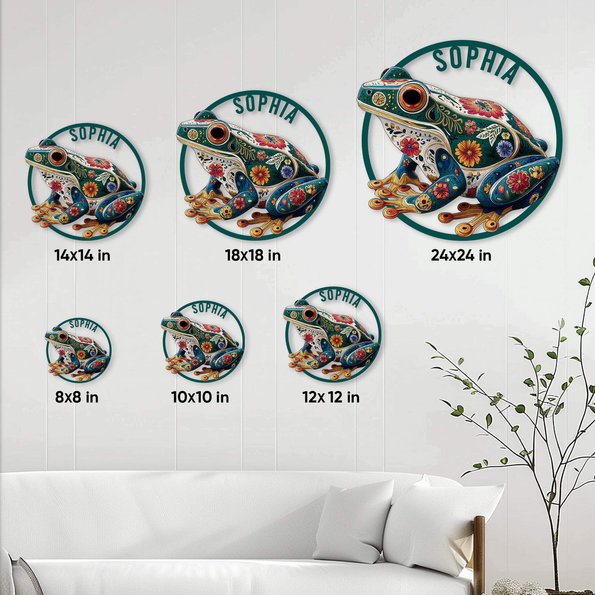 Floral frog metal sign size guide showing available round sizes from 8 by 8 to 24 by 24 inches