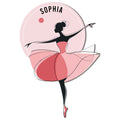Pink ballerina silhouette metal sign featuring a flowing tutu and graceful ballet pose