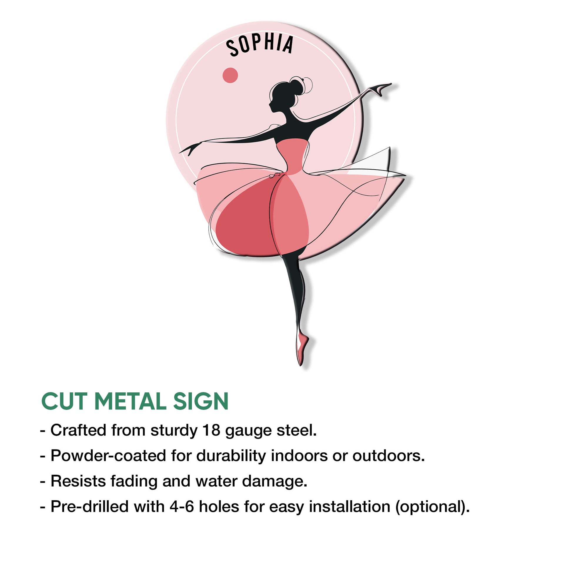Ballerina metal sign feature graphic showing the cut-metal design and indoor or outdoor use