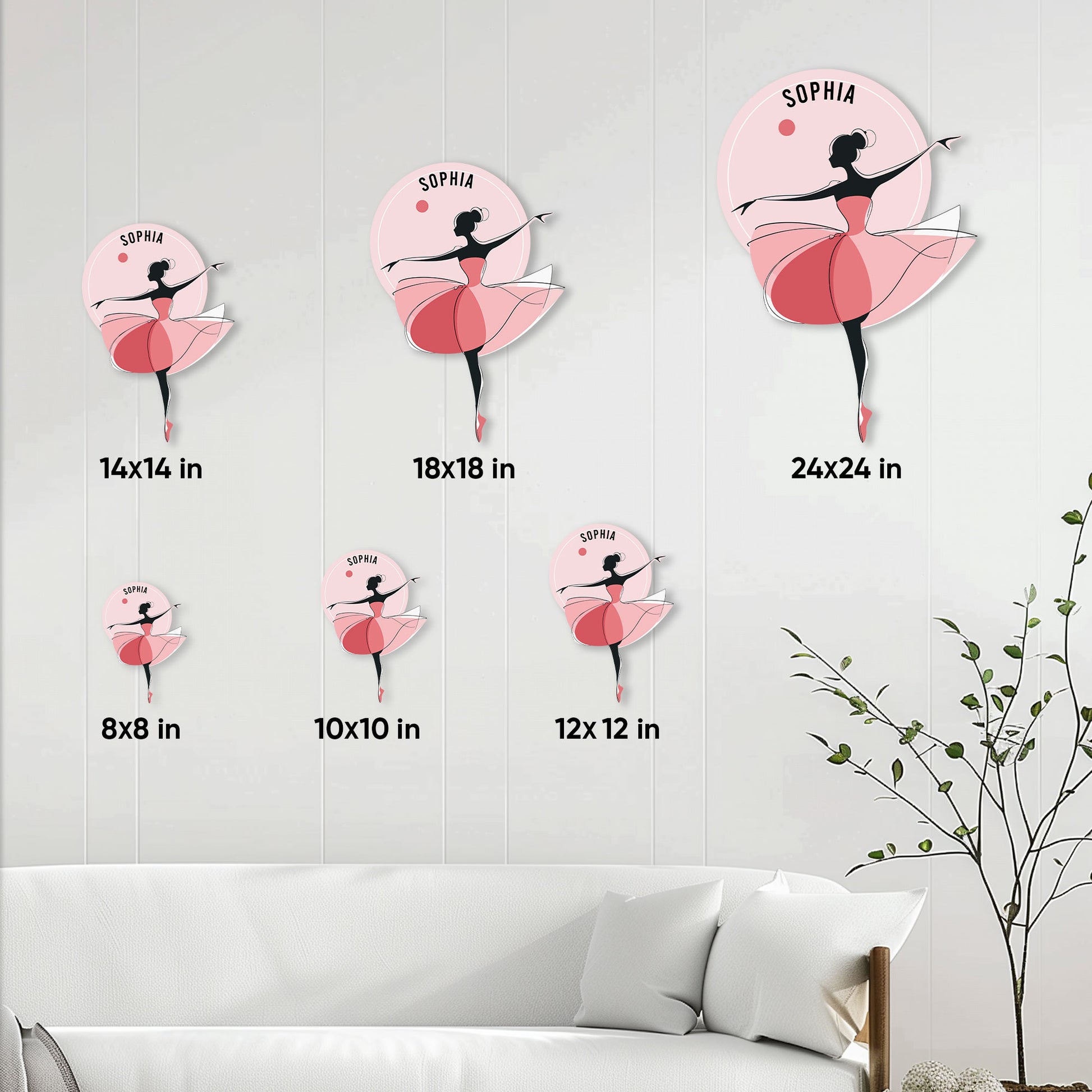 Ballerina metal sign size guide showing available 8, 10, 12, 14, 18, and 24 inch options