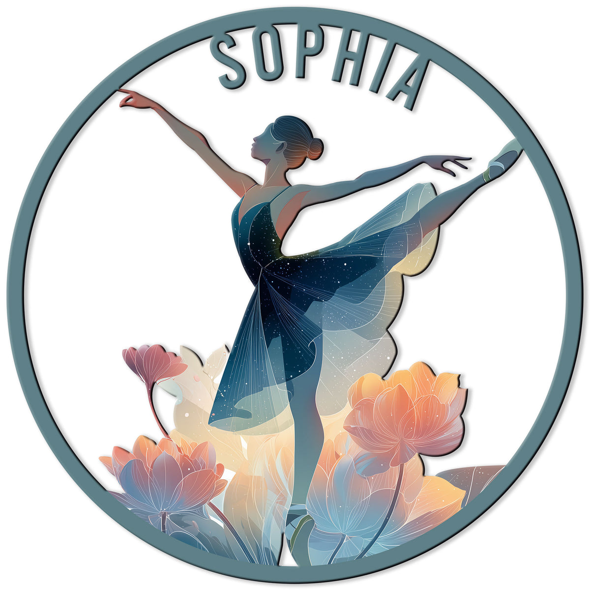 Round ballet metal sign featuring a graceful ballerina in a flowing blue dress surrounded by colorful flowers