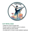 Ballerina metal sign shown with a circular floral design and cut metal sign feature information